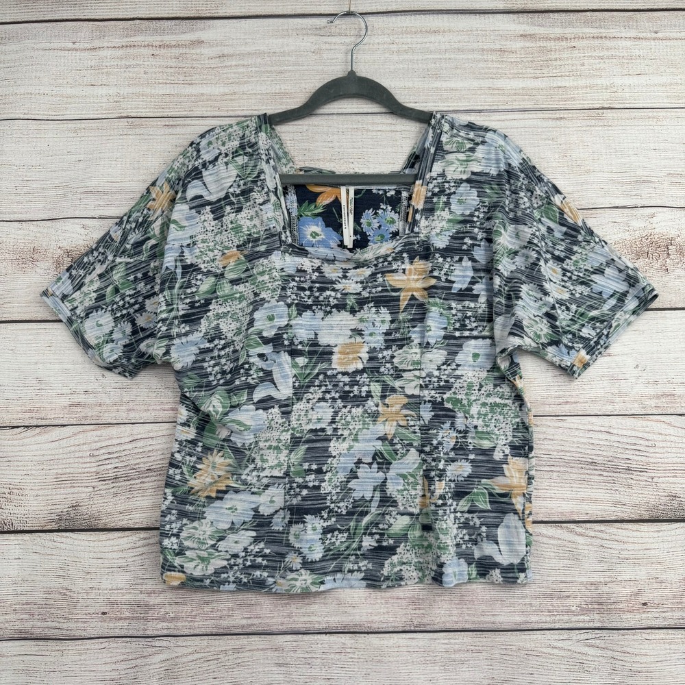 Anthropologie Floral Top Womens Medium Blue Square Neck Slub Knit Short Sleeve